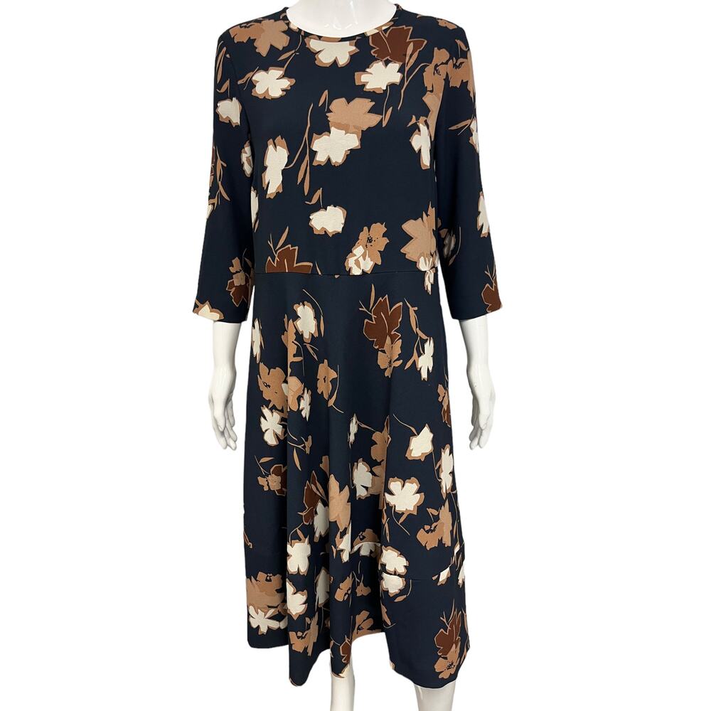 MAX MARA Navy Glenda Floral Print 3/4 Sleeve Pleated Maxi A-line Dress Size 10